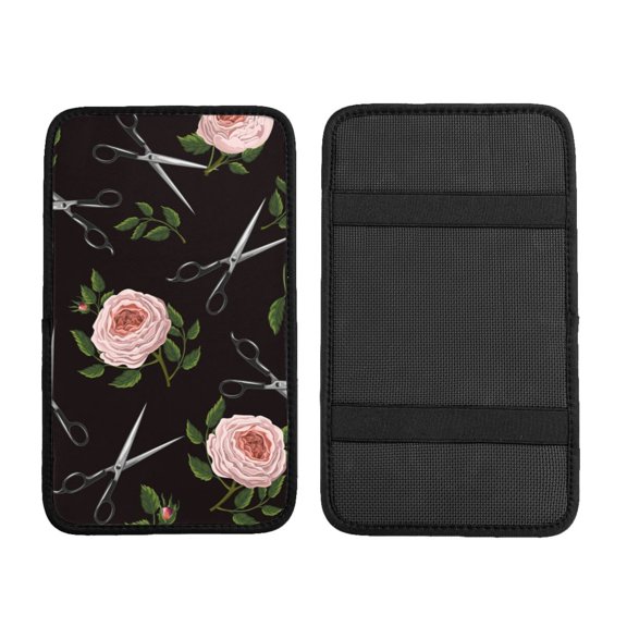 Roses Scissors Salon Car Armrest Cover Center Console Pad - Neoprene Cushion with Elastic Straps Universal Fit for Vehicles SUV