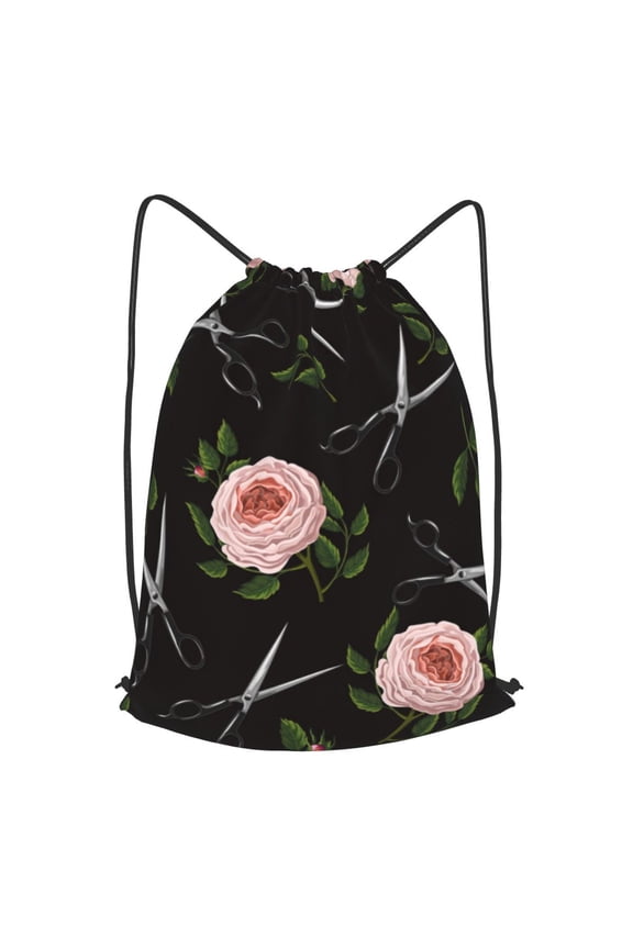 Roses Scissors Salon Drawstring Backpack Gym String Bag Sports Sackpack Cinch Sack, Small