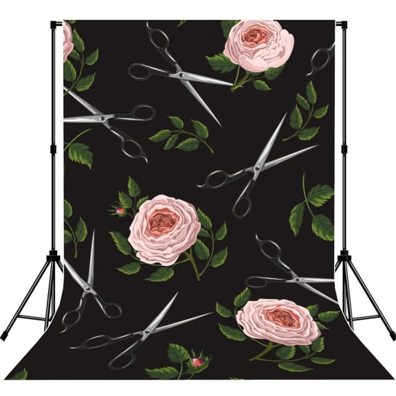 Roses Scissors Salon Photography Backdrop 5x7Ft Background for Photo Studio Video Recording Birthday Party Wedding Home Decor