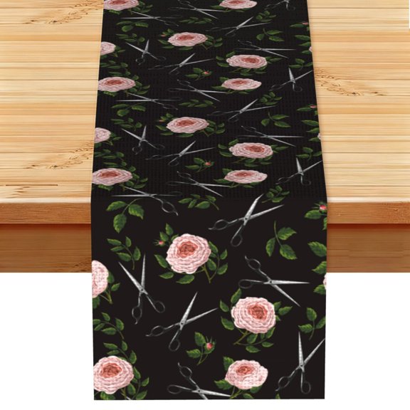 Roses Scissors Salon Table Runner 13x72 Inch for Dining Table Kitchen Wedding Party Decor Fireplace Mantle