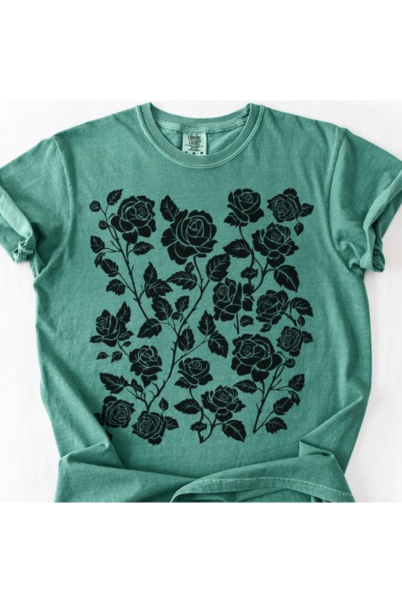 Roses Shirt Floral Tshirt Linocut Block Print Floral Flower Tshirt Black Rose Tee Cottagec