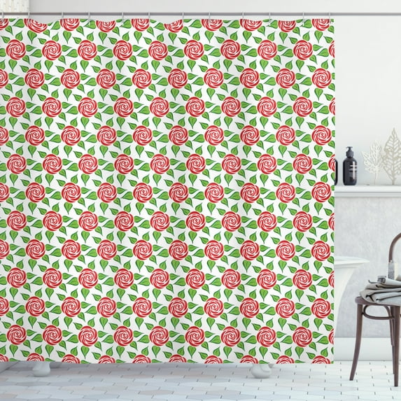 Roses Shower Curtain, Doodle Drawing Circular Shape Simplistic Floral Pattern, Fabric Bathroom Set with Hooks, 69"W X 75"L Long, Lime Green Fern Green Vermilion White, by Ambesonne