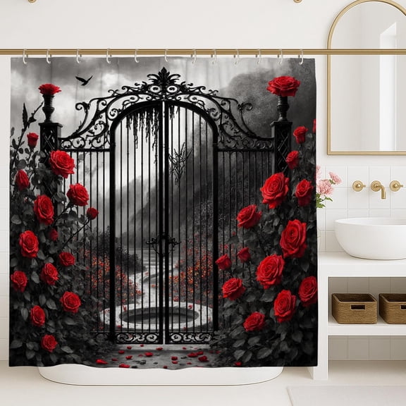 Roses Shower Curtain Romantic Gate Bird Red Waterproof Fabric Decorative Bathroom Curtain Decor for Toile Bathroom Dorm with hooks-72"W x 96"L (Pack of 1)