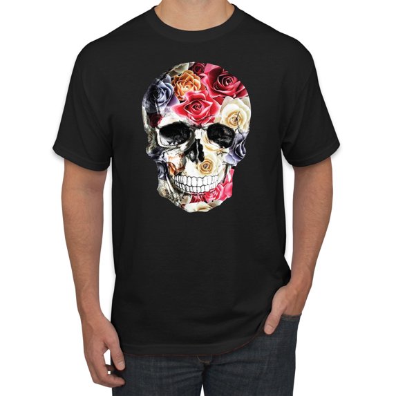Roses Skeleton Face Floral Skull Fashion Graphic T-Shirt, Black, Small