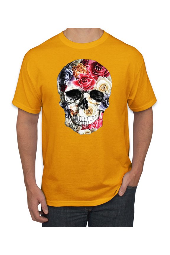 Roses Skeleton Face Floral Skull Fashion Graphic T-Shirt, Gold, Small