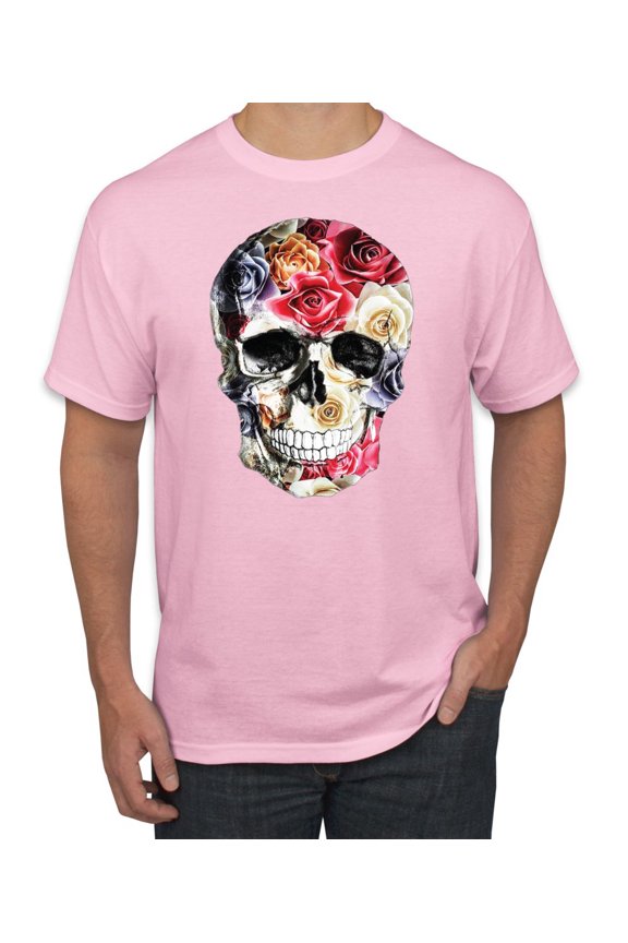 Roses Skeleton Face Floral Skull Fashion Graphic T-Shirt, Light Pink, X-Large