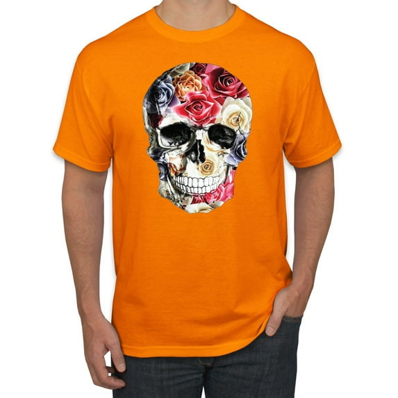 Roses Skeleton Face Floral Skull Fashion Graphic T-Shirt, Orange, X-Large