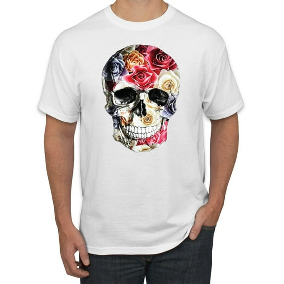 Roses Skeleton Face Floral Skull Fashion Graphic T-Shirt, White, 3XL