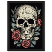 Roses Skull Old School USA Tattoo Ink Body Art Rockabilly Americana 50s Artwork Framed Wall Art Print A4
