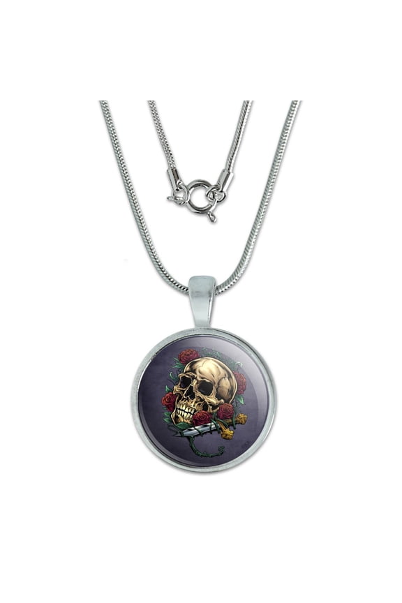 Roses Skull and Dagger 0.75" Pendant with Sterling Silver Plated Chain