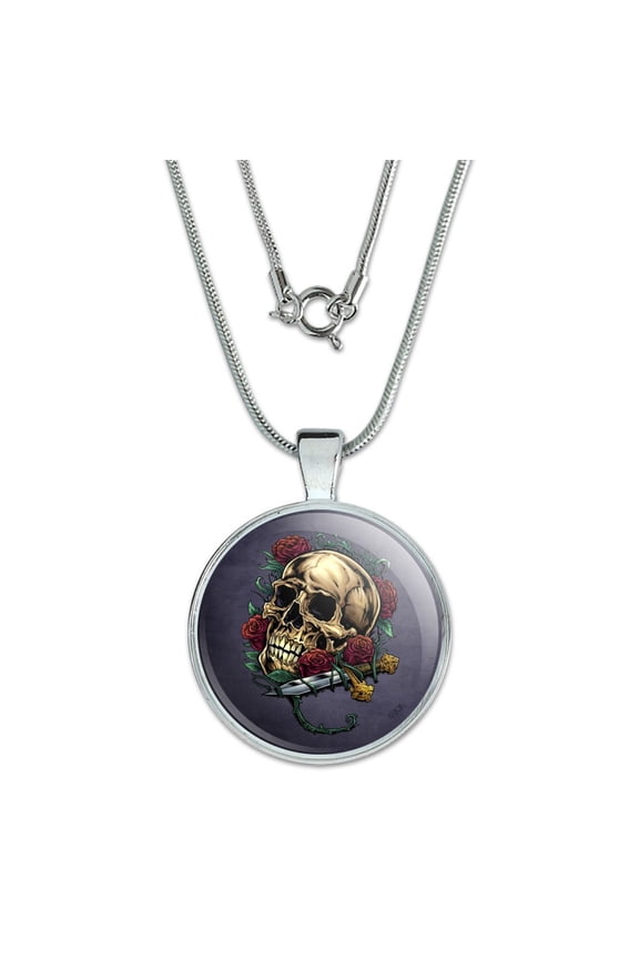 Roses Skull and Dagger 1" Pendant with Sterling Silver Plated Chain