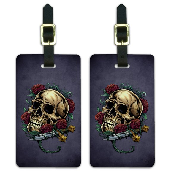 Roses Skull and Dagger Luggage ID Tags Suitcase Carry-On Cards - Set of 2