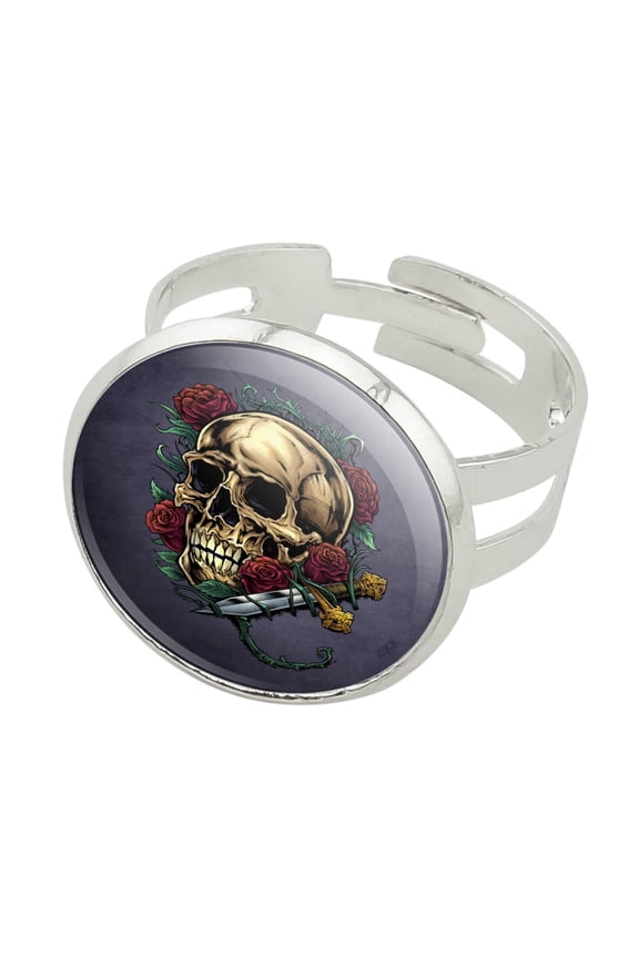 Roses Skull and Dagger Silver Plated Adjustable Novelty Ring