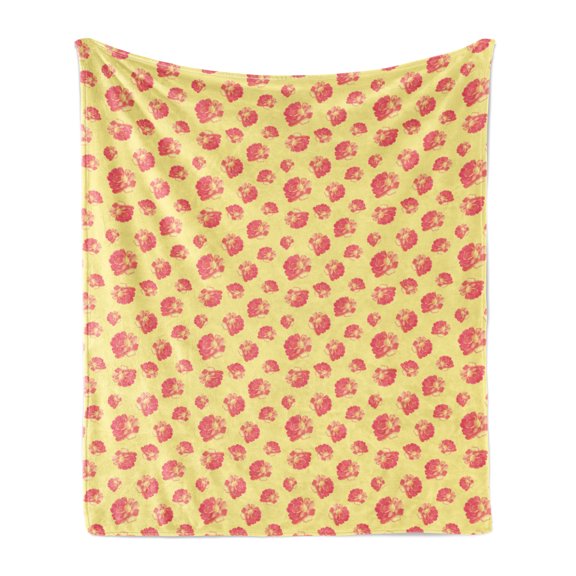 Roses Soft Flannel Fleece Throw Blanket, Feminine Pattern with Flower Petals Bicolour Vintage Illustration, Cozy Plush for Indoor and Outdoor Use, 70" x 90", Pastel Yellow and Coral, by Ambesonne