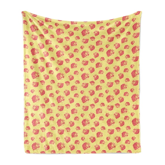 Roses Soft Flannel Fleece Throw Blanket, Feminine Pattern with Flower Petals Bicolour Vintage Illustration, Cozy Plush for Indoor and Outdoor Use, 70" x 90", Pastel Yellow and Coral, by Ambesonne
