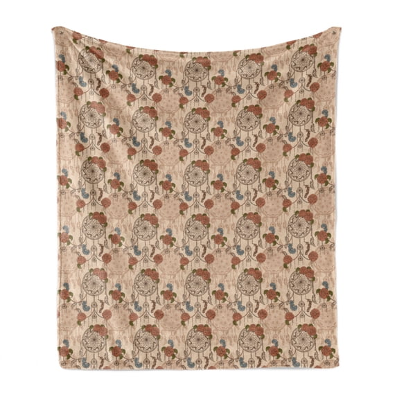 Roses Soft Flannel Fleece Throw Blanket, Vintage Flower Ornament Dreamcatcher in Muted Tones Print, Cozy Plush for Indoor and Outdoor Use, 50" x 70", Rust Mustard, by Ambesonne