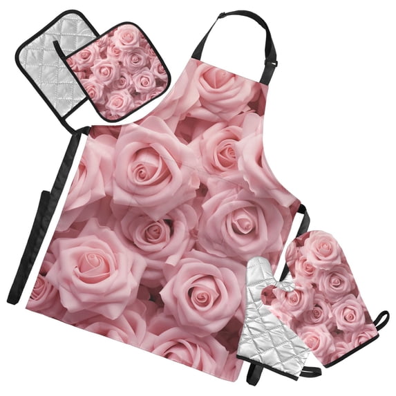 Roses Solid Apron Set with Oven Mitts Pot Holders Set of 5 Kitchen Stuff Accessories