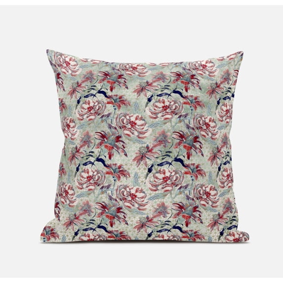 Roses Sprayed Stars Suede Zippered Pillow with Insert in Red Aqua 20 x 20