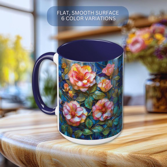 Roses Stained Glass Style Coffee Mug, Floral Rose Ceramic Tea Cup, Gift for Mom, Flower Botanical Garden Kitchen Decor
