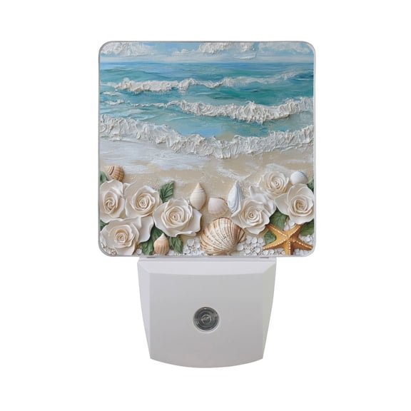 Roses Starfish Shells Beach Oil Painting LED Night Light with Smart Sensor Plug Into Wall Dusk to Dawn 2 packs