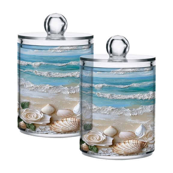 Roses Starfish Shells Beach Oil Painting Translucent Plastic Cans Storage Canisters with Lid Set of 2