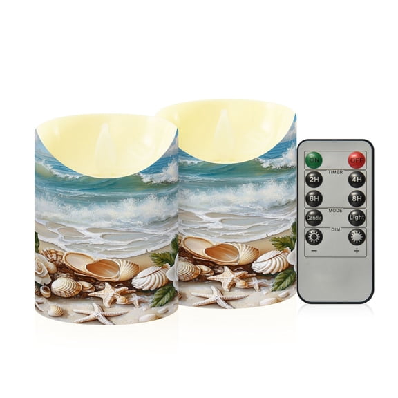 Roses Starfishes Shells Seaside Flickering Flameless Candles with Remote Timer Battery Operated LED Tealight Set of 2 S