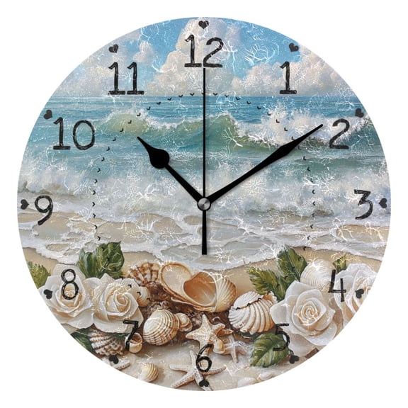 Roses Starfishes Shells Seaside Round Wall Clock Silent Analog Battery Operated Black Pointer Home Decor 9.84" Diameter