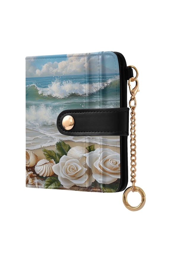 Roses Starfishes Shells Seaside Women's Wallet PU Leather Card Cases RFID Blocking Purse Billfold with Key Ring