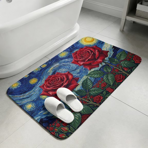 Roses Starry Sky Bathroom Rugs Non Slip Washable Bath Mat Absorbent Low Pile Front Door Mat Artwork Painting Abstract Art Indoor Doormat for Kitchen Entryway Shower Decor Accessories 15.7"x23.6"