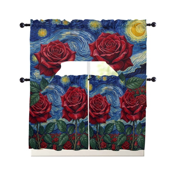 Roses Starry Sky Kitchen Curtains Set for Windows 3 Piece Cafe Curtains 24 Inch Length Swag Curtains Valances and Tier Set Artwork Painting Abstract Art Drapes for Bedroom Bathroom Living Room