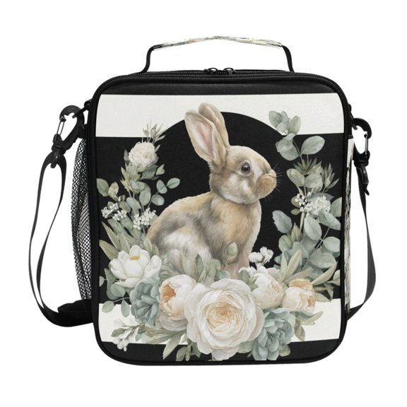 Roses Stripes Easter Rabbit with Wreath Insulated Lunch Bag Reusable Lunch Box Lunch Container with Straps