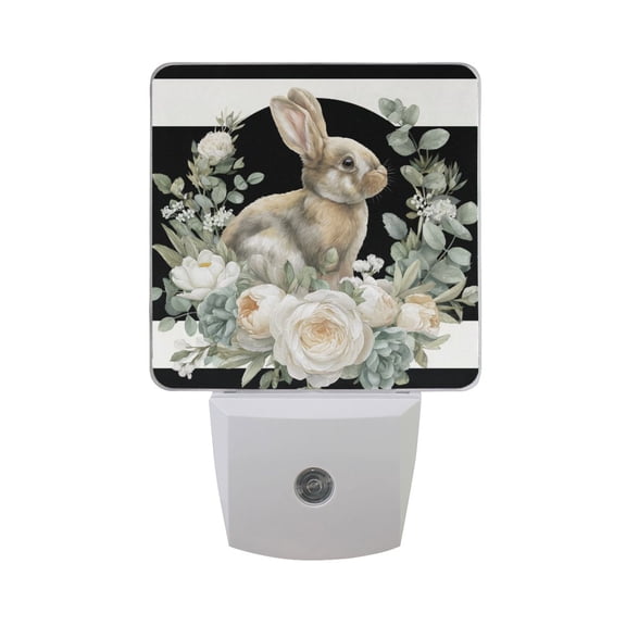 Roses Stripes Easter Rabbit with Wreath LED Night Light Sensor Lamp Plug-in Adjustable Brightness 2 Pack