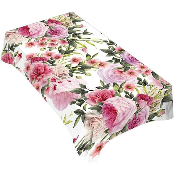 Roses Tablecloth 60x84 Inch Rectangular Wreath Pretty Floral Pink Peony Flowers Bud Leaf Bouquet Elegance Oblong Table Cloth Kitchen Table Decorations for Home Dinner Party