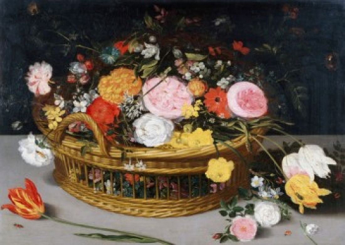 Roses Tulips and other Flowers in a Wicker Basket Jan Bruegel the Elder (1568-1625Flemish) Canvas Art - Jan Bruegel (18 x 24)