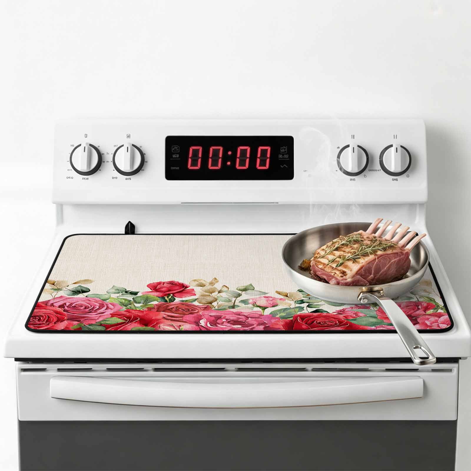 Roses Valentine's Day Stove Top Cover for Electric Stove, Heat-proof & Non Slip Glass Top Stove Cover Protector, Eucalyptus Leaves Floral Rustic Kitchen Flat Cooktop Rubber Mat 24x21 Inches