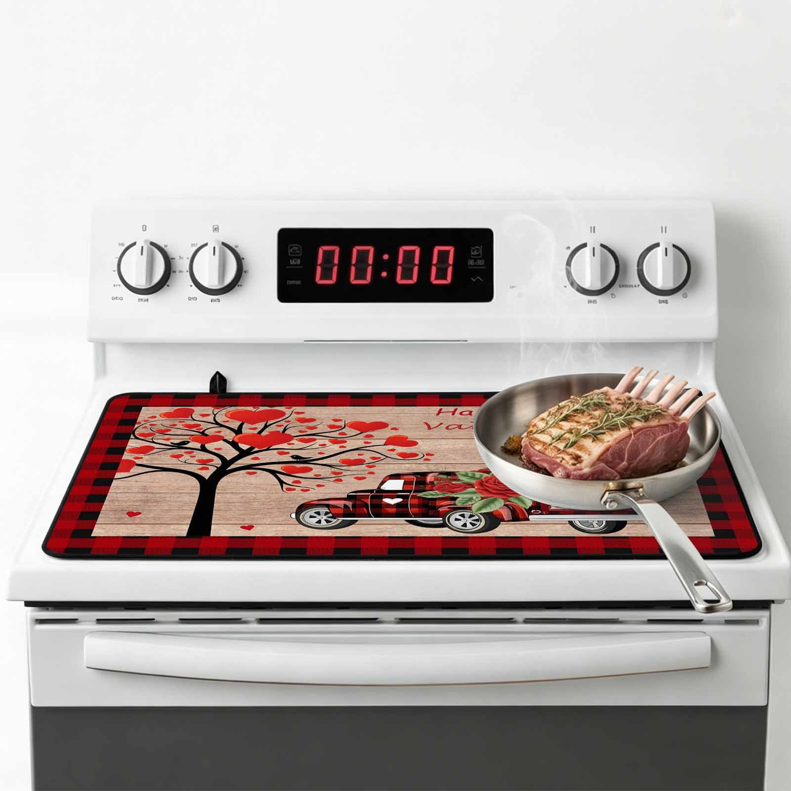 Roses Valentine's Day Stove Top Cover for Electric Stove, Heat-proof & Non Slip Glass Top Stove Cover Protector, Love Heart Truck Wooden Vintage Kitchen Flat Cooktop Rubber Mat 24x21 Inches