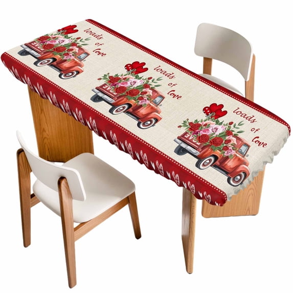 Roses Valentine's Day Table Cloths for 8 Foot Rectangle Tables, Love Heart Romantic Roses Floral Patio Waterproof Elastic Fitted Tablecloths, Washable Rectangular Table Cover for Camping