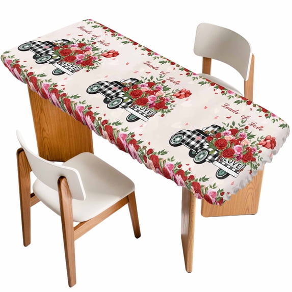 Roses Valentine's Day Table Cloths for 8 Foot Rectangle Tables, Romantic Spring Floral Farmhouse Patio Waterproof Elastic Fitted Tablecloths, Washable Rectangular Table Cover for Camping
