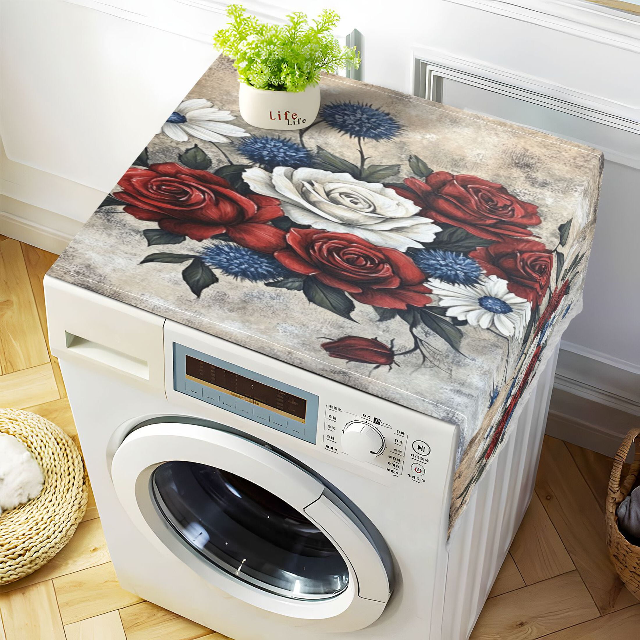 Roses in A VaseWasher and Dryer Covers Dust-Proof and Oil Resistant Fridge Cover with 4 Storage Pockets Washing Machine Top Cover for Laundry Kitchen Home 51.2 x 22 In