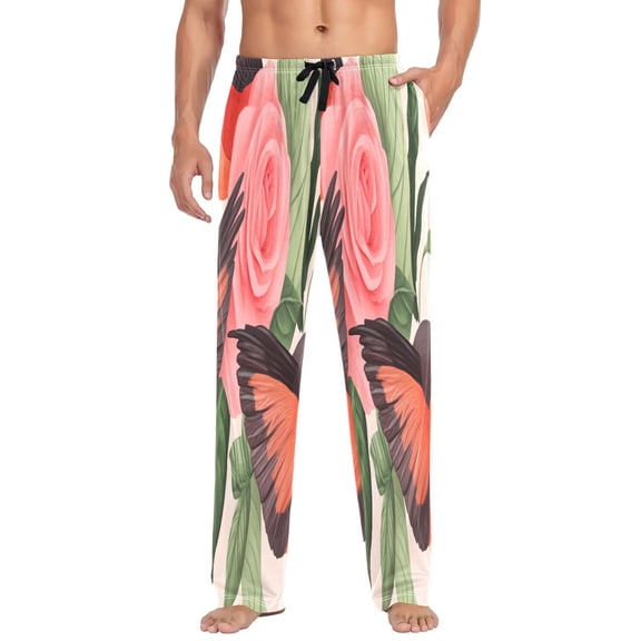 Roses and Birds Mens Cotton Pajama Pants Long Staple Lightweight Sleep Bottoms with Pockets Breathable