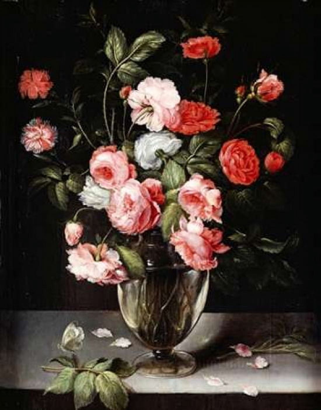 Roses and Carnations In a Glass Vase On a Stone Ledge Canvas Art - Ambrosius Brueghel (24 x 30)