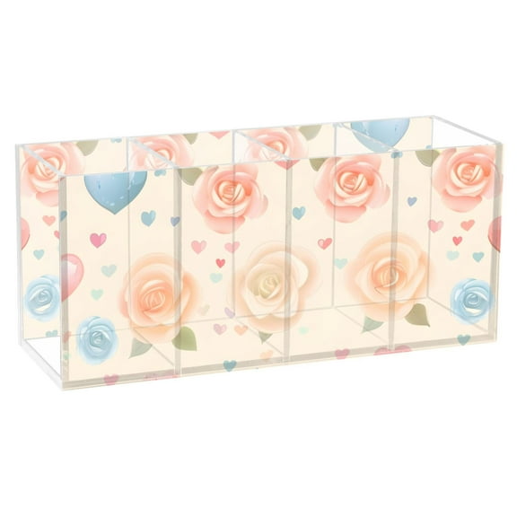 Roses and Heart Acrylic Pencil Pen Holder Cup 4 Compartments Desktop Organiser 7.87"x2.78"x3.54"