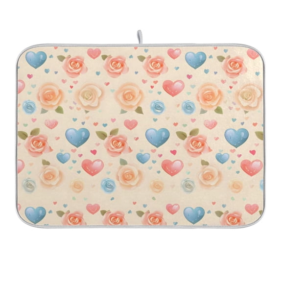 Roses and Heart Dish Drying Mat 16x18 Absorbent Microfiber Draining Rack Pad for Kitchen Counter Sink