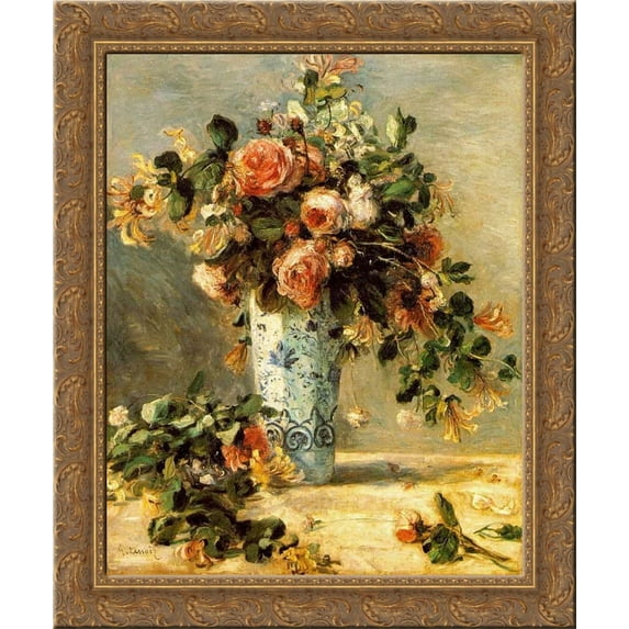 Roses and Jasmine in a Delft Vase 20x24 Gold Ornate Wood Framed Canvas Art by Renoir, Pierre Auguste