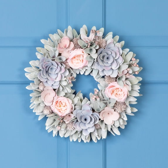 Northlight Roses and Thistle Wooden Artificial Floral Spring Wreath - 14"