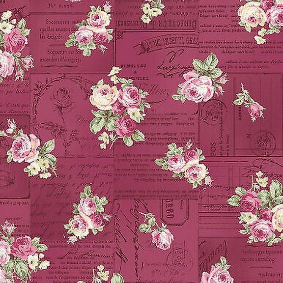 Roses for You Ruru Dark Rose Bouquets with Script by Quilt Gate Sold by the Yard