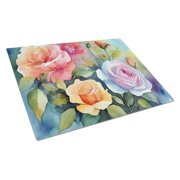 Roses in Watercolor Glass Cutting Board Large 12 in x 15 in