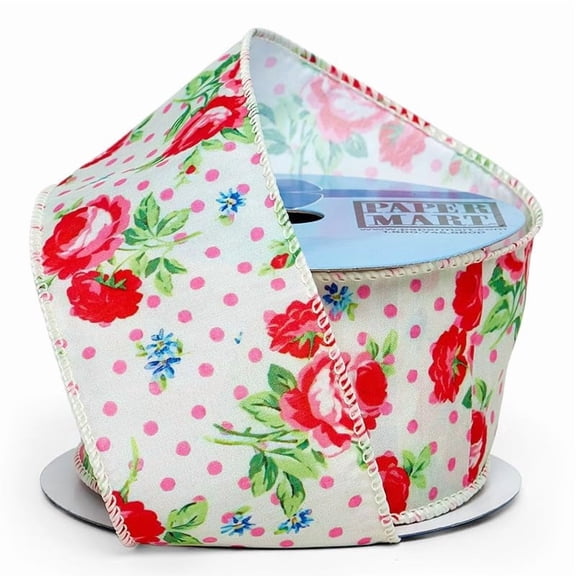 Roses on Polka Dots Wired Ribbon – 2.5" x 10 Yards