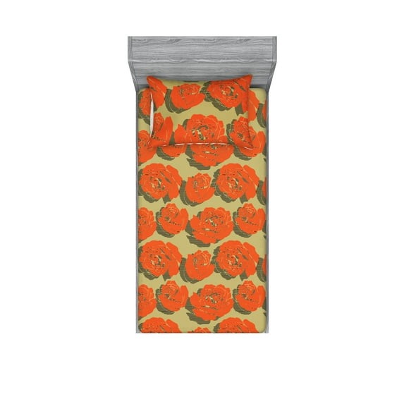 Rosetta Fitted Sheet & Pillow Sham Set, Modern Inspirations Delicate Tangerine Colored Rose Flowers Boho Art, Decorative Printed 2 Piece Bedding Decor, Twinxl, Pistachio Green Vermilion, by Ambesonne