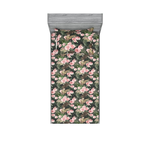Rosetta Fitted Sheet & Pillow Sham Set, Nostalgic Aura Tropical Rose Flowers Vintage with Leaves Composition Art, Decorative Printed 2 Piece Bedding Decor, Twin, Pale Pink Jade Green, by Ambesonne